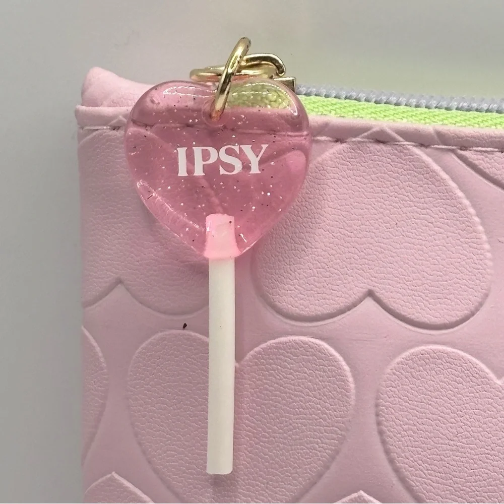 IPSY Pink Heart Embossed Makeup Bag Lollipop Zipper Pull NWOT